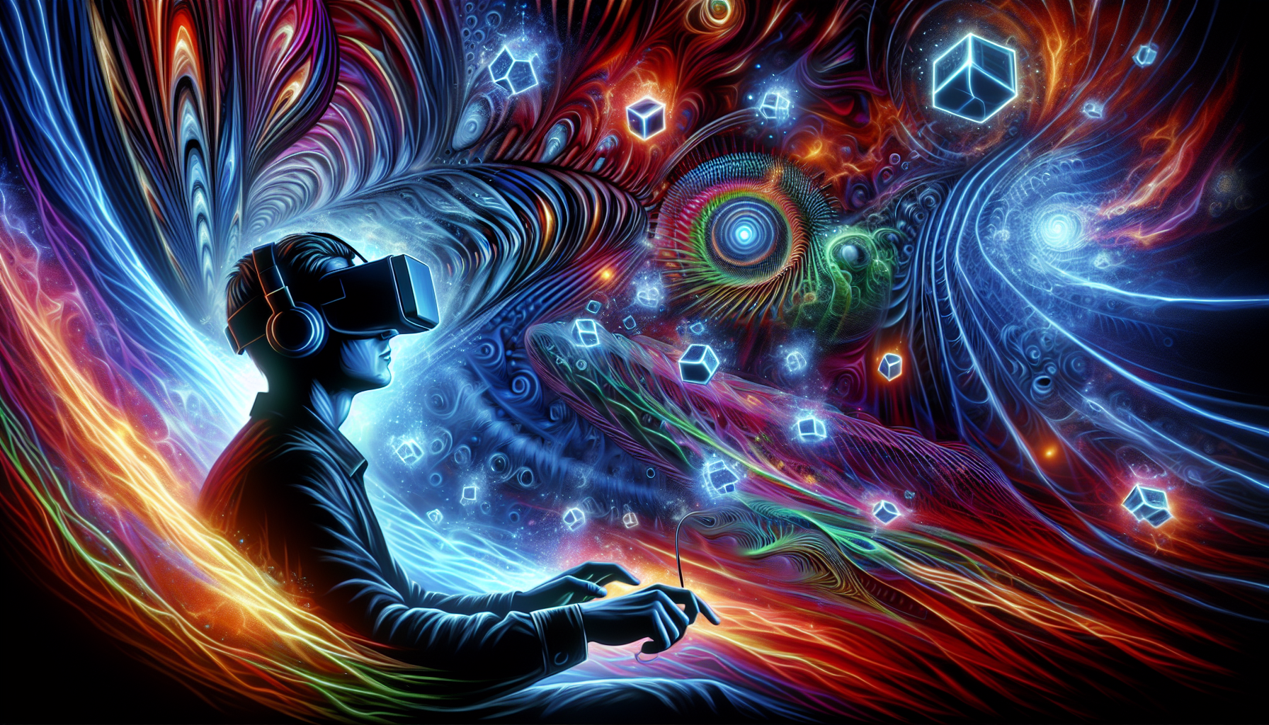 Illustration of a person wearing VR goggles immersed in a psytrance visual experience