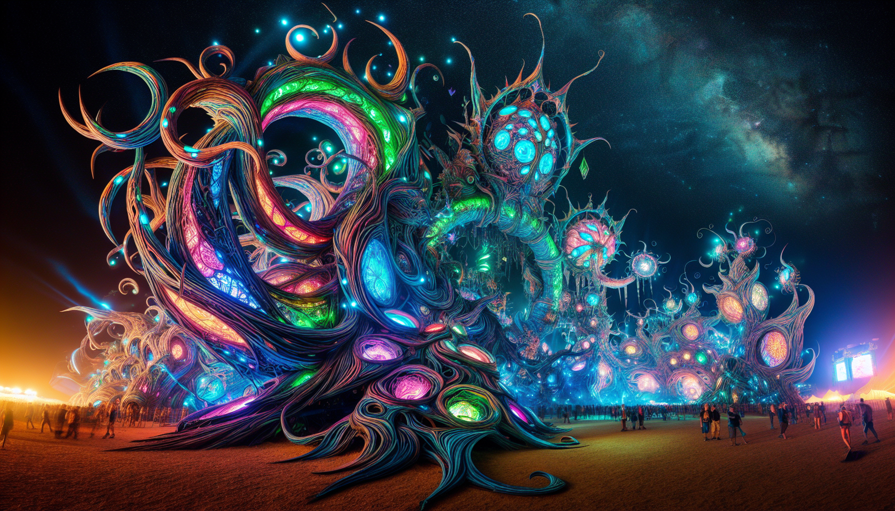 Artistic representation of the mesmerizing art installations at Ozora Festival