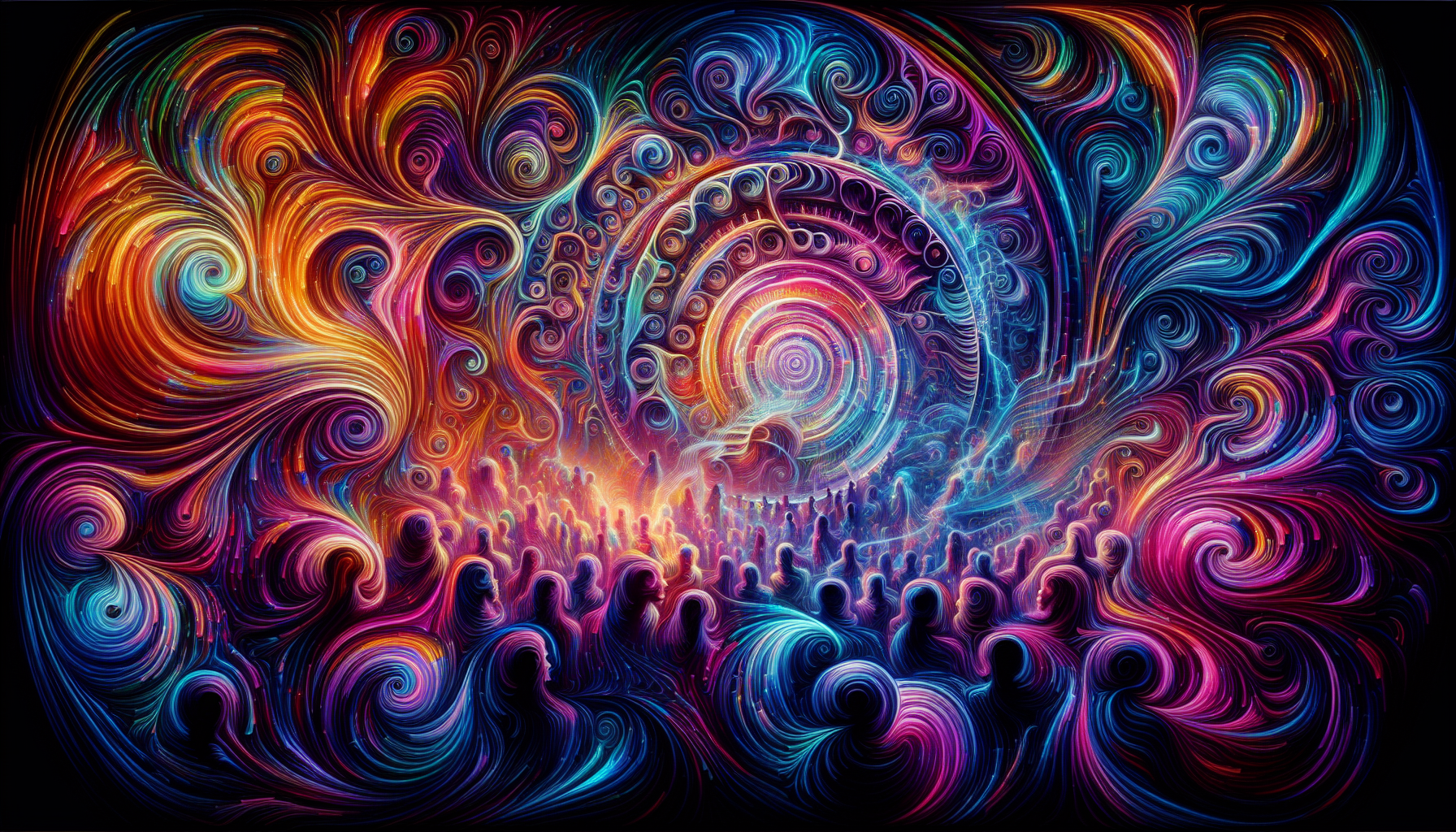 Abstract illustration representing altered states of consciousness induced by psytrance music
