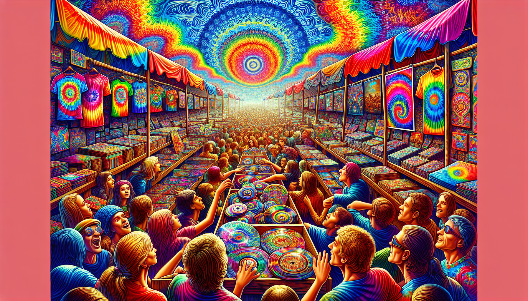 Demand for psychedelic merchandise in a colorful illustration