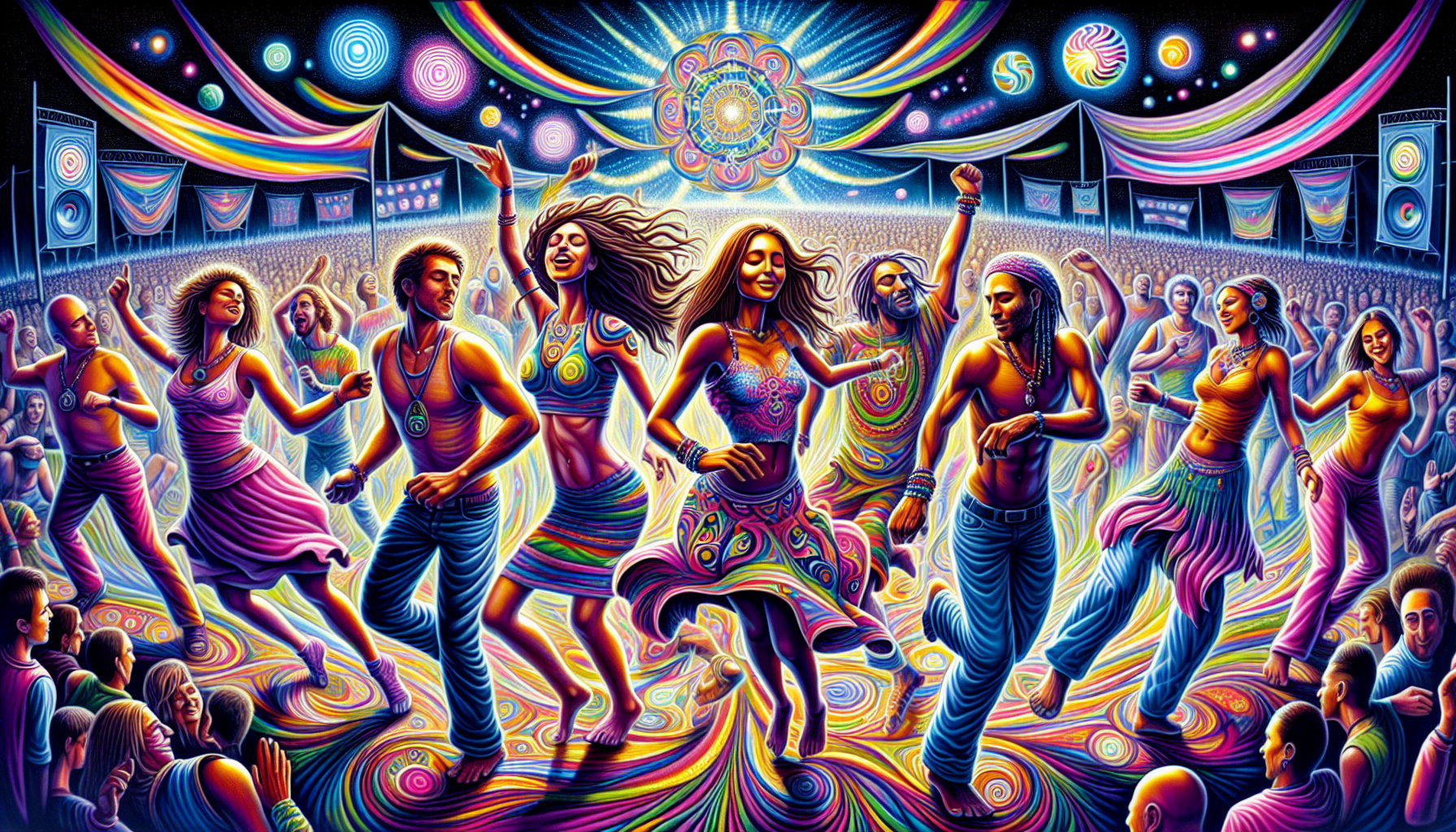 A vibrant and diverse crowd dancing at a psytrance festival